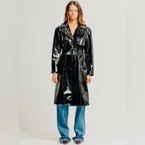 NEW Torn by Ronny Kobo Regina Patent Leather Black Trench Coat Medium Matrix